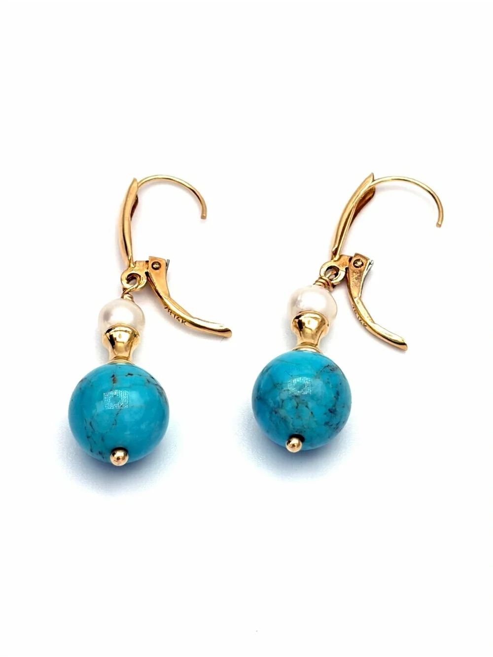 Vintage Zimmer Bros. Solid 14k Gold Turquoise Drop Earrings with Pearl Accent